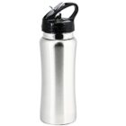 Silver stainless steel water bottle with a black flip-top lid on a white background.