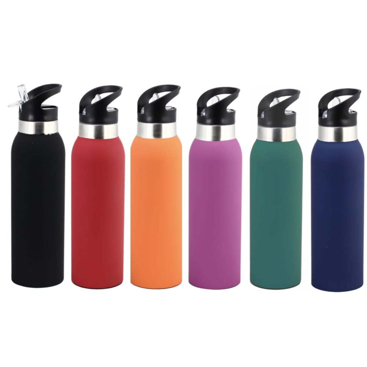 Six reusable water bottles with black lids are lined up in a row. The bottles are colored black, red, orange, purple, green, and blue, each featuring a sleek metallic section below the lid.