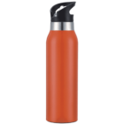 Red stainless steel water bottle with a black flip-top lid and silver band near the top. The bottle is standing upright against a white background.