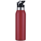A sleek red stainless steel water bottle with a black lid and silver accent. The lid features a flip-up straw for easy drinking. The bottle has a modern, smooth design, perfect for carrying beverages on the go.