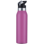 A pink stainless steel water bottle with a black and silver lid. The lid features a built-in straw that extends out for easy sipping.