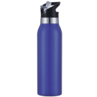 A blue stainless steel water bottle with a sleek design and a black lid featuring a flip-up straw.