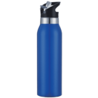 A blue, stainless steel water bottle with a black flip-top lid and a built-in straw. The design is sleek and modern, suitable for portable beverage storage. The bottle has a silver accent ring near the top.