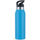 A blue stainless steel water bottle with a black flip-top lid and a silver accent band near the top. The bottle has a sleek, smooth design.