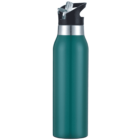 A tall, teal-colored stainless steel water bottle with a black and silver lid featuring a built-in straw. The bottle has a sleek, modern design and is designed for easy portability and hydration on the go.