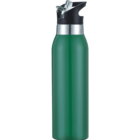A green stainless steel water bottle with a black and silver lid, featuring a spout for drinking. The bottle has a sleek, cylindrical design.