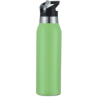 A tall, slim green water bottle with a black flip-top lid and a transparent straw.