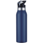 A sleek blue stainless steel water bottle with a black flip-top lid and attached transparent straw, standing upright.
