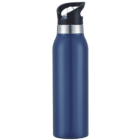 A blue stainless steel water bottle with a black lid and a silver band near the top. The lid has a handle and a spout for drinking. The bottle stands upright on a white background.