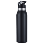 A sleek, black stainless steel water bottle with a silver accent near the top. It features a flip straw lid for easy drinking. The bottle has a matte finish and a modern design.