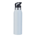 A stainless steel water bottle with a sleek design and a black and silver lid featuring a flip-up straw. The bottle has a smooth, cylindrical shape and a minimalist appearance.