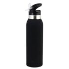 Black stainless steel water bottle with a silver band near the top, featuring a black flip straw lid. Bottled stands upright against a plain white background.