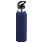 A blue stainless steel water bottle with a silver band near the black plastic lid. The lid has a built-in handle for easy carrying. The bottle is tall and cylindrical, suitable for maintaining hot or cold temperatures.
