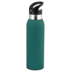 A tall, green water bottle with a black flip-top lid and a metallic band near the top.