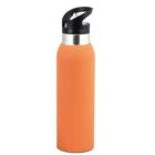 An orange stainless steel water bottle with a black plastic flip-top lid and a silver band near the top.