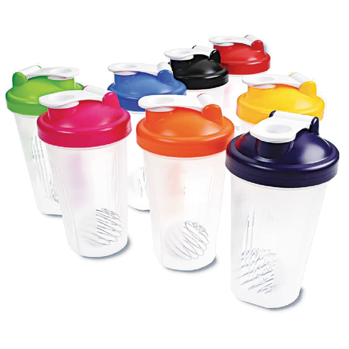 A collection of nine transparent shaker bottles with colorful lids, including green, pink, orange, blue, and black. The bottles have integrated wire mixing balls inside and appear to be arranged in a loose group.
