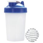 A white plastic shaker bottle with a blue lid is shown next to a metal mixing spring. The bottle has a flip-top spout. The image is on a plain white background.
