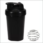 Black shaker bottle with a flip-top lid on the left, and a metal mixing ball on the right, both standing upright against a plain white background.