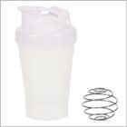 A transparent plastic shaker bottle with a white lid and a wire whisk ball next to it, used for mixing drinks, against a white background.