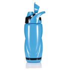 A blue reusable water bottle with a black flip-top lid. It has an ergonomic design with grooves for grip, and is standing upright against a white background.