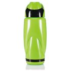 A bright green plastic bottle with a black cap and base, designed for holding shampoo or other liquids. The bottle stands upright on a reflective white surface.