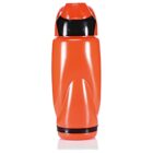 A bright orange water bottle with a black cap and base, featuring a sleek, modern design. The bottle has smooth contours and a slightly angled top.