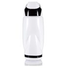 A white plastic bottle with a black flip-top cap, standing upright against a white background. Its sleek design features curved lines and smooth surfaces.