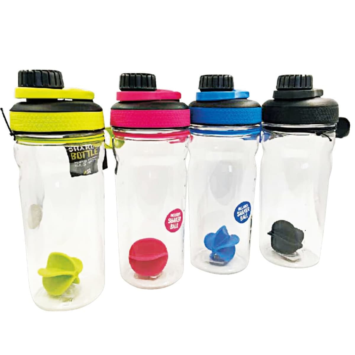 Four transparent shaker bottles with colorful lids—yellow, pink, blue, and black—are lined up. Each bottle contains a matching colored blending ball inside, visible through the clear plastic.