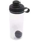 Clear plastic water bottle with a black lid and a carrying loop. The lid has a screw-on cap and a textured grip. Inside the bottle, a black mixing ball is visible.