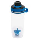 A clear plastic water bottle with a black and blue lid, featuring a small handle. Inside the bottle, there is a blue blender ball for mixing.