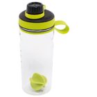 Transparent water bottle with a black and green screw-on lid. Theres a green loop handle on the lid. Inside, a green spherical mixer ball is visible at the bottom for blending drinks. The bottle has measurement markings on the side.