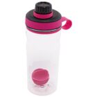 A clear water bottle with a black screw-on lid featuring a pink grip and carrying loop. Inside the bottle, there is a pink mixing ball.