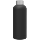 A matte black reusable bottle with a shiny silver screw cap, set against a white background. The bottle has a simple, cylindrical design, suitable for holding beverages.