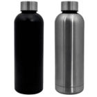 Two stainless steel water bottles are shown side by side against a white background. The bottle on the left is matte black, while the one on the right has a shiny, metallic finish. Both have a cylindrical shape with silver caps.