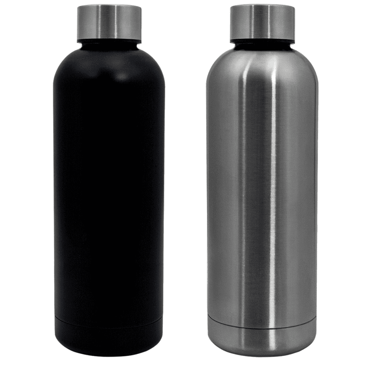 Two stainless steel water bottles are shown side by side against a white background. The bottle on the left is matte black, while the one on the right has a shiny, metallic finish. Both have a cylindrical shape with silver caps.