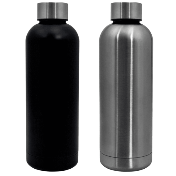 Two insulated water bottles stand side by side against a white background. The bottle on the left is matte black, while the one on the right is stainless steel. Both have rounded shapes with matching metallic caps.