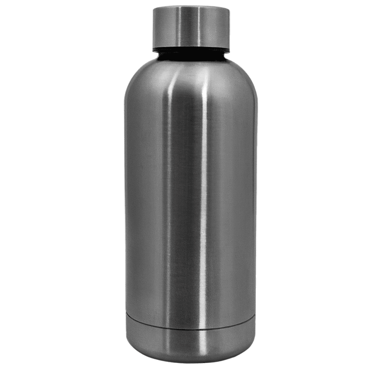 A stainless steel water bottle with a sleek, cylindrical design and a screw-on cap. The bottle has a smooth, matte finish and appears sturdy.