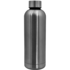 A silver stainless steel water bottle with a cylindrical shape and a matching screw-on cap. The surface is smooth and reflective, creating a sleek appearance. The bottle is upright against a plain white background.