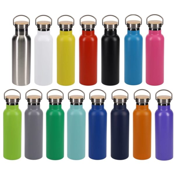 A collection of sixteen stainless steel water bottles in various colors including silver, white, yellow, red, black, pink, gray, green, mint, teal, blue, navy, orange, and lime green, each with a bamboo lid.