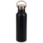 A sleek black insulated water bottle with a silver top and a wooden cap. It features a metal carrying handle attached to the lid. The design is modern and simple.