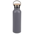 A gray metal water bottle with a wooden lid and a metal carrying handle, standing upright against a plain white background.