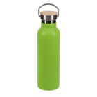 A vibrant green stainless steel water bottle with a wooden cap and metal handle.
