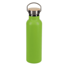 A lime green stainless steel water bottle with a natural wood lid and a metal handle.