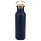 A dark blue insulated water bottle with a wooden lid and a metal handle, sitting against a plain white background.