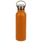 Orange stainless steel water bottle with a wooden top and silver handle, standing upright.