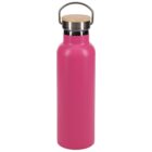 A pink stainless steel water bottle with a wooden top and a metallic handle. The bottle has a sleek, smooth surface.