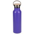 A purple stainless steel water bottle with a wooden lid and metal handle, standing upright against a plain white background.