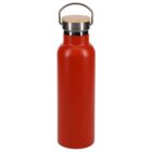 Red stainless steel water bottle with a wooden cap and a metal handle on top, standing upright on a plain white background.