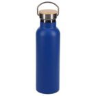 Blue stainless steel water bottle with a wooden screw-top lid and a metal handle, isolated on a white background.