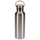 A stainless steel water bottle with a cylindrical shape and a wooden cap. It has a sleek design and a metal handle attached to the cap for easy carrying.